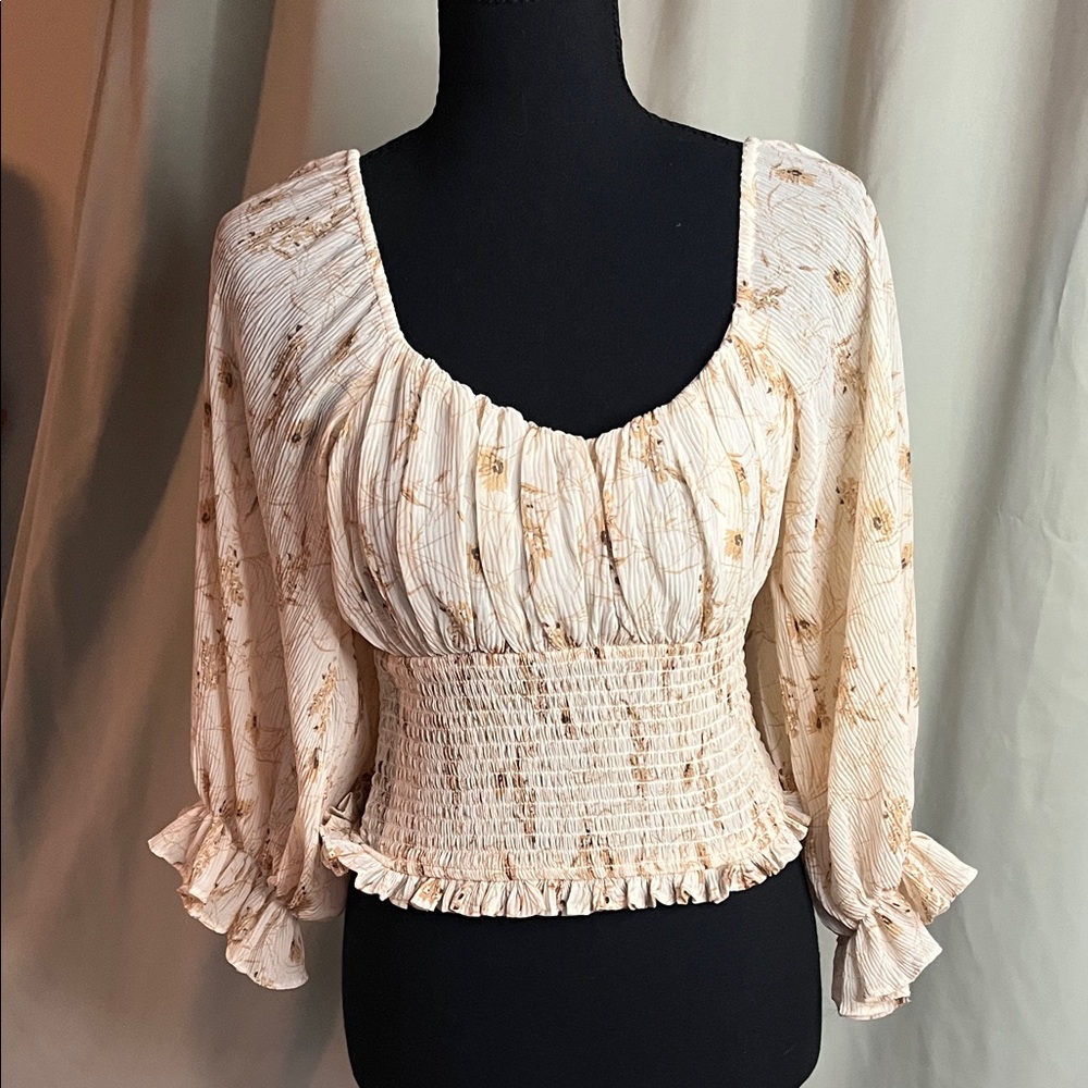 Grade & Gather Cream Floral Blouse with Smocked Waist